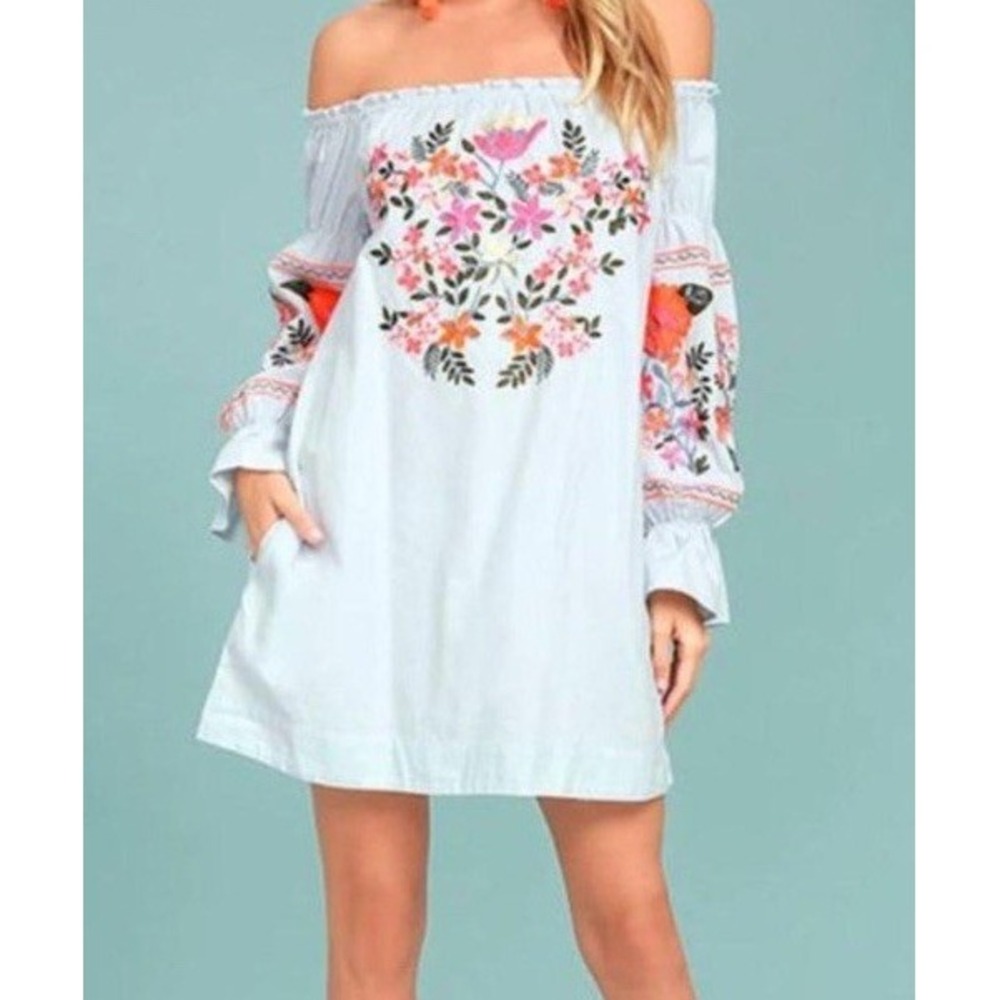 Free People Embroidered Dress Top Blue Floral Puff 3/4 Sleeve Small Oversized